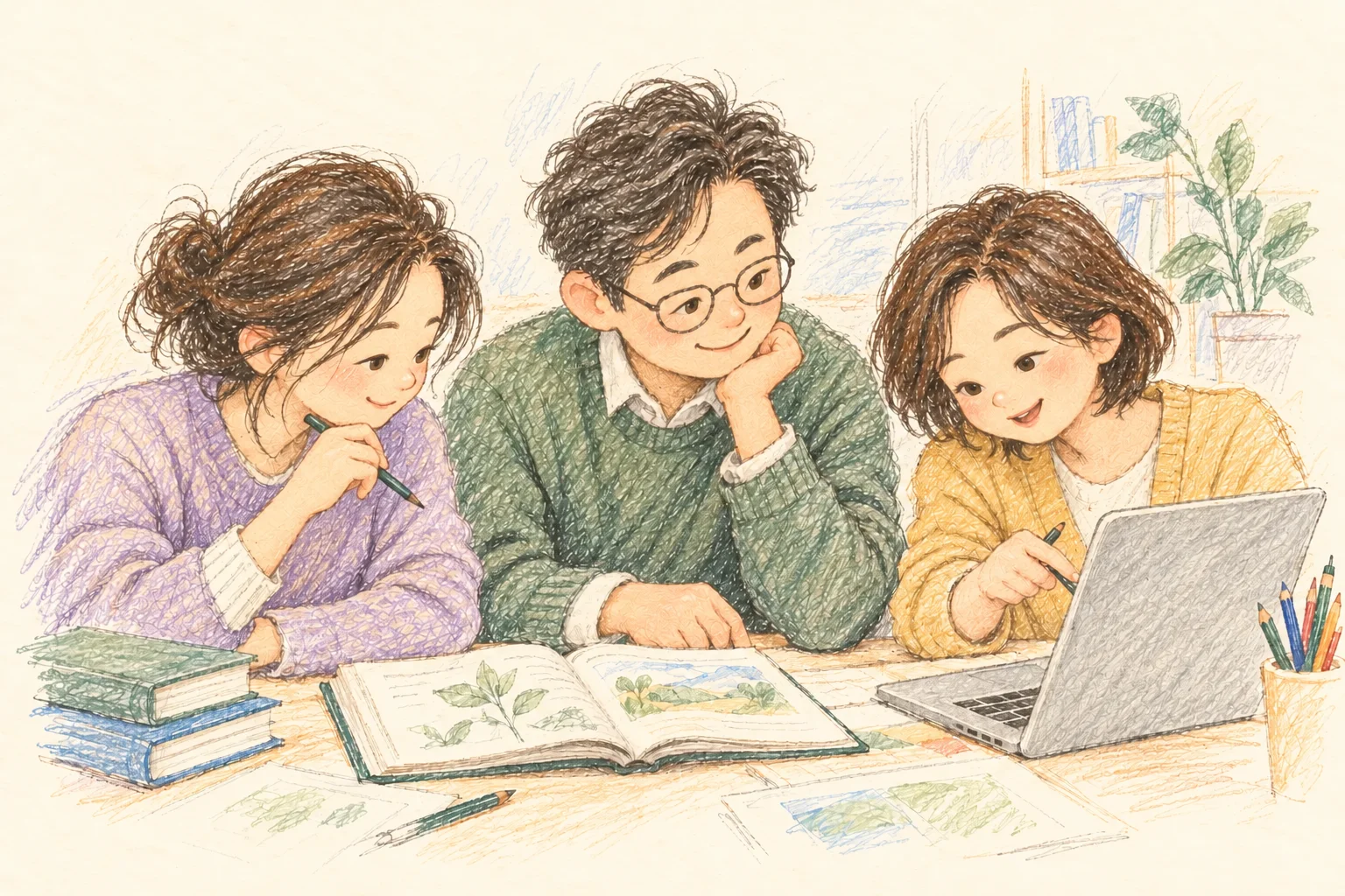 책과 노트북을 함께 살펴보며 배우는 세 교육자의 귀여운 색연필 캐리커처